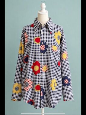 Vintage 70s Gingham Floral Shirt Point Collar Flower Power Retro